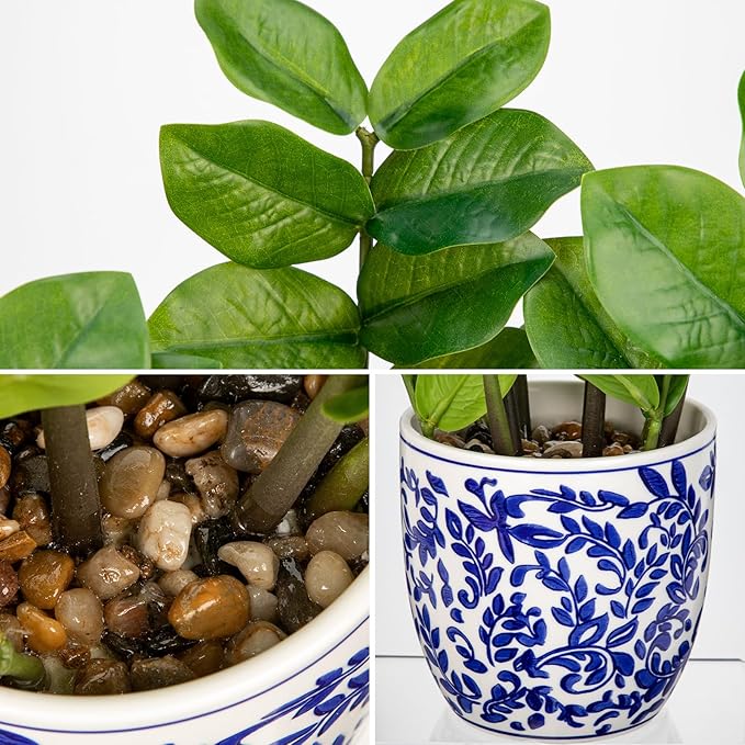 Briful Faux Plants Indoor 15.7in Fake ZZ Silk Plant in Blue and White Ceramic Pot Realistic Artificial Tropical Plant for Home Office Room Kitchen Shelf Decor