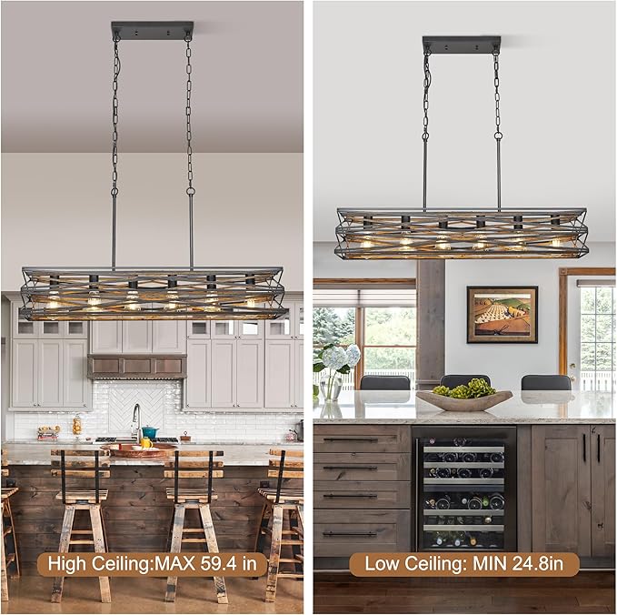 40''Large Farmhouse Rectangular Chandeliers for Dining Room,6-Light Black Matte Dining Light Fixture,Modern Industrial Pendant Lights Kitchen Island,Linear Chandelier with Retro Wood Texture Interior