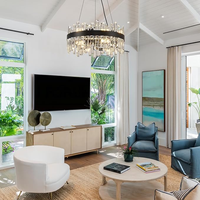 Round Crystal Chandeliers, D19.7 inch 12-Light Black Chandelier Lighting Fixture, Height Adjustable Pendant Ceiling Light for Living Room Dining Room Bedroom