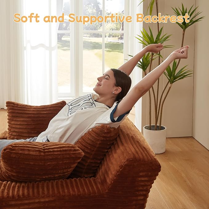 78.7” Chaise Lounge Chair Indoor, Corduroy Upholstered Boneless Sofa Bed with Throw Pillows, Comfy Lounge Sleeper Sofa with Deap Seat for Living Room Bedroom, No Assembly Required, Orange