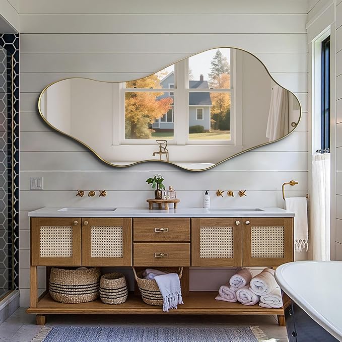 Irregular Mirror Full Length, Large Asymmetrical Wall Mirrors, 63"x30" Gold Wavy Floor Mirror for Dressing, Abstract Mirrors Decorative for Living Room Bathroom Bedroom Hallway Entryway