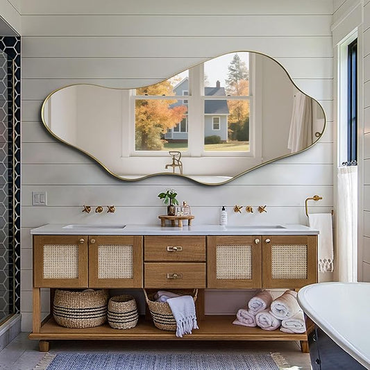 Irregular Mirror Full Length, Large Asymmetrical Wall Mirrors, 63"x30" Gold Wavy Floor Mirror for Dressing, Abstract Mirrors Decorative for Living Room Bathroom Bedroom Hallway Entryway