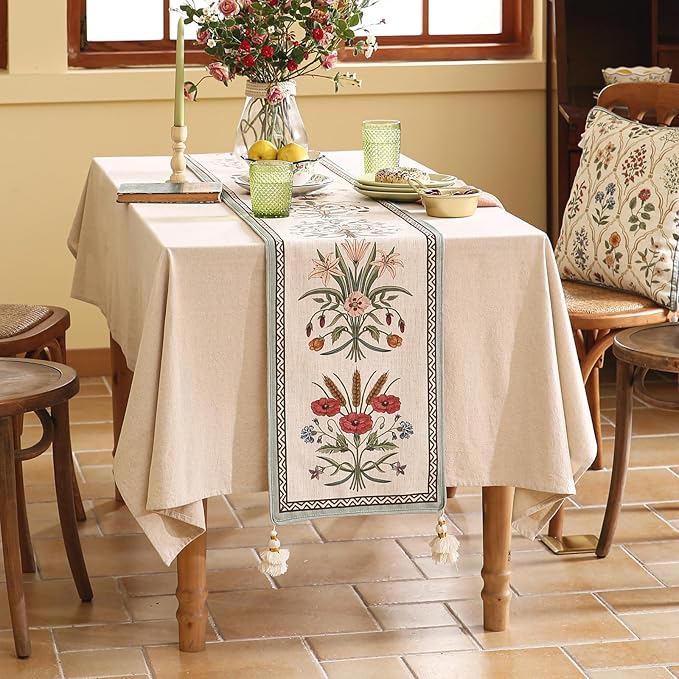 Designer French Country Linen Table Runner 87 Inches Long,Elegant Colorful Floral Pattern Table Runners for Dining Tables,Thanksgiving,Christmas,Kitchen Decor,12"*87"-Serenity F