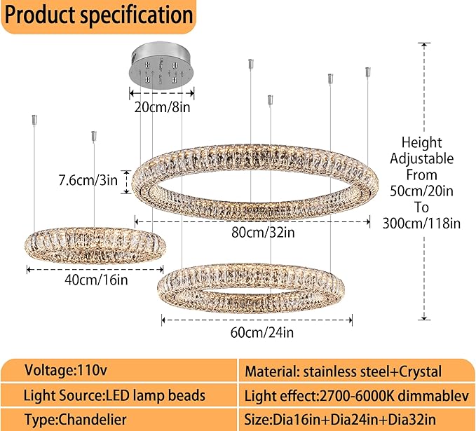 32"+24"+16" 3 Rings Crystal Chandeliers Lighting and Hanging Ring Adjustable, Stainless Steel Ceiling Light
