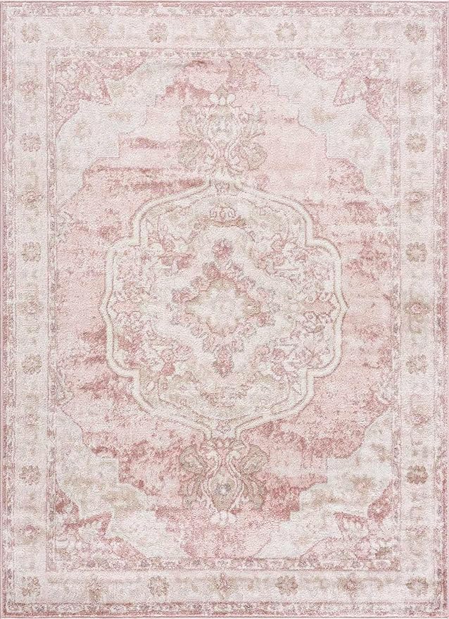 Blush & Light Pink Collection Kandos Bohemian Oriental Medallion Area Rug - Traditional Floral Carpet for Living Room, Bedroom - Blush, Dusty Pink, Cream - 3'11" x 5'7"