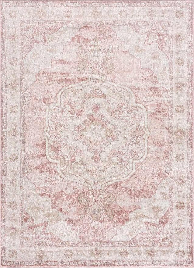 Blush & Light Pink Collection Kandos Bohemian Oriental Medallion Area Rug - Traditional Floral Carpet for Living Room, Bedroom - Blush, Dusty Pink, Cream - 5'3" x 7' (5x7 Area Rug)