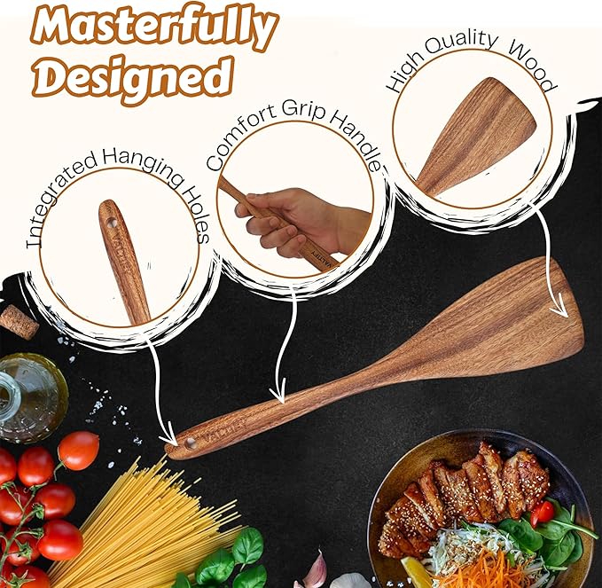 Kitchen Utensil Set | 17-Piece Wooden Cooking Utensils with Holder & Hooks | Teakwood Utensils Set for Cooking | Non Toxic Wooden Spoons | Spatulas & Kitchen Accessories
