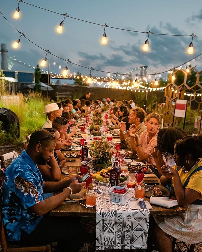 GANA Outdoor String Lights for Patio 48FT 2200K 12V Safety Voltage, LEDs with High CIR, 15 E26 Hanging Sockets, Shatterproof S14 Plastic Bulbs, IP65 Waterproof for Garden, Terrace, Outside