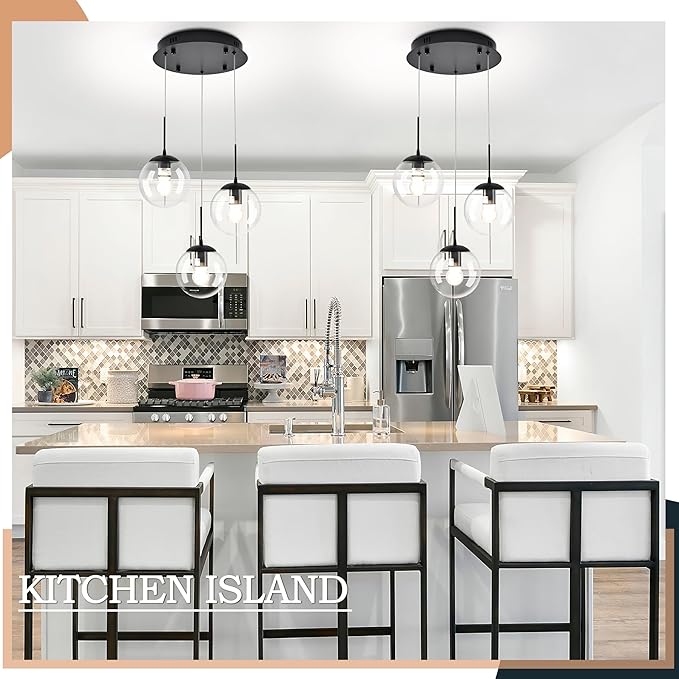 KoKo&Yukina 3-Light Globe Glass Pendant Light Modern Black Clear Globe Glass Chandelier Adjustable Length Pendant Lights Fixtures High Ceiling Light for Kitchen Island Foyer (Bulb & Remote Incl.)