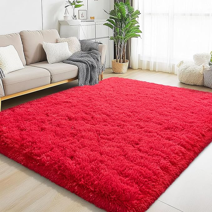 5x7 Area Rugs for Living Room, Red Fluffy Shaggy Rug Soft Carpets, Rugs for Bedroom Nursery Kids Room Dorm Home Decor Aesthetic