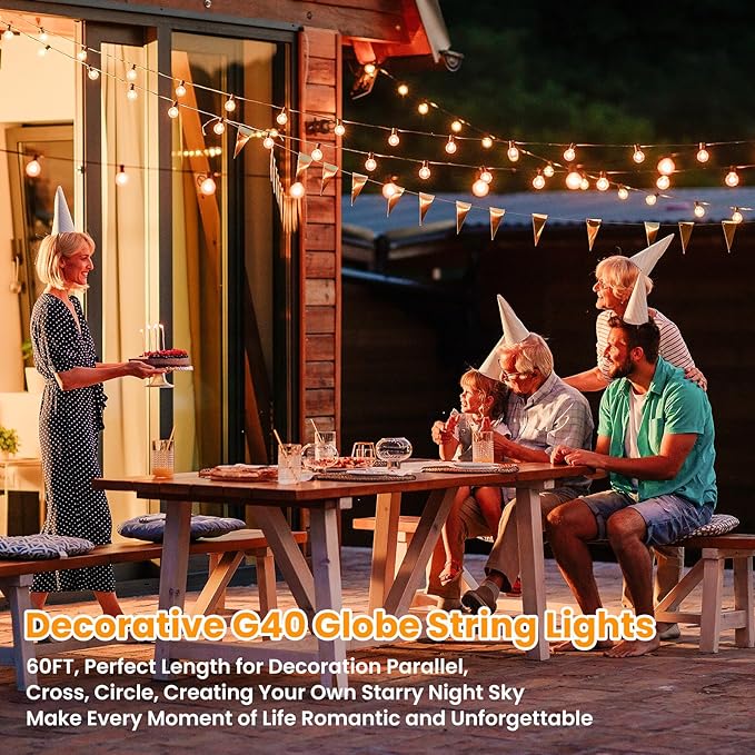 60FT Outdoor G40 LED Globe String Lights Dimmable Waterproof Shatterproof Light Strings with 30 Bulbs Connectable Commercial Hanging Lights for Christmas Patio House Backyard Balcony Party