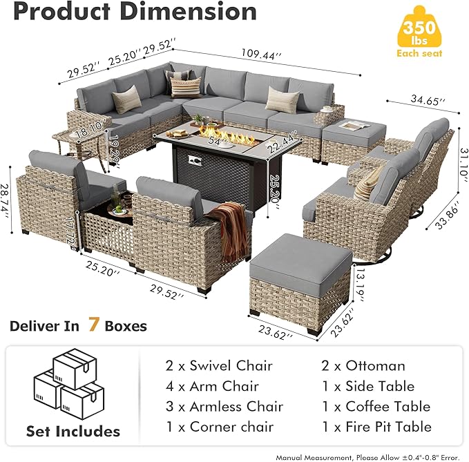 HOOOWOOO Outdoor Sectional Patio Furniture Set with Fire Pit Table,15 Pieces Wicker Conversation Sets L Shaped Couch,Extra Deep Out Door Sofa Outside Furniture with Swivel Chairs Ottoman,Charcoal Gray