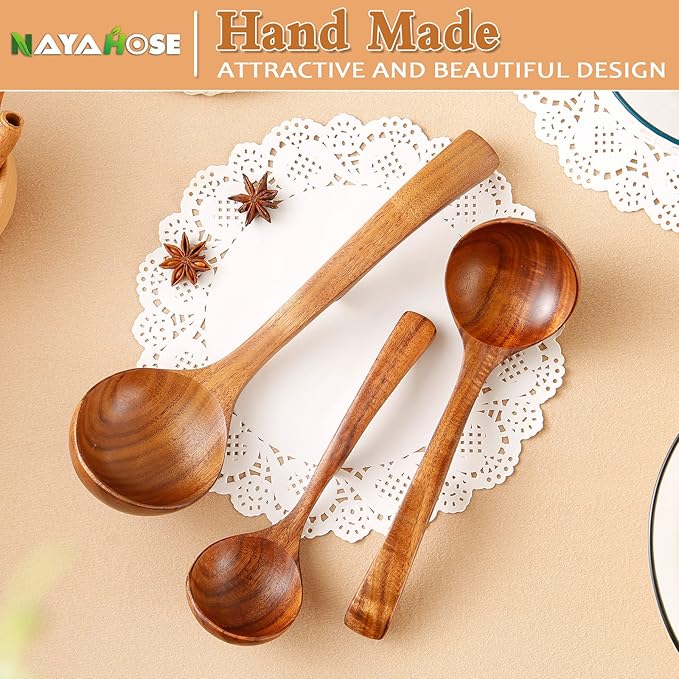 Wooden Ladle for Soup, 3Pcs (S/M/L) Wooden Spoons for Cooking, Non-Stick Wooden Spoon, Natural Teak Wood Cooking Spoons, Kitchen Utensils set