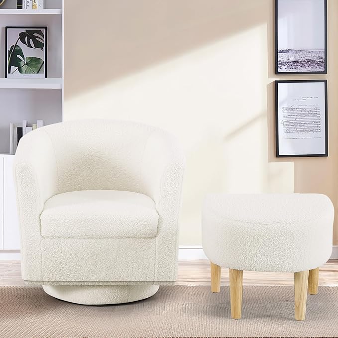 DAZONE Sherpa Swivel Accent Chair with Ottoman, Fluffy Teddy Barrel Chair Set, Comfy Upholstered Armchair for Living Room, Bedroom, Reading Nook, White