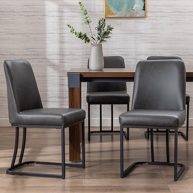 VESCASA Faux Leather Upholstered Dining Chairs with Back, Mid Century Modern Chairs with Black Metal Frame for Dining Room, Restaurant, Kitchen, Set of 4, Charcoal