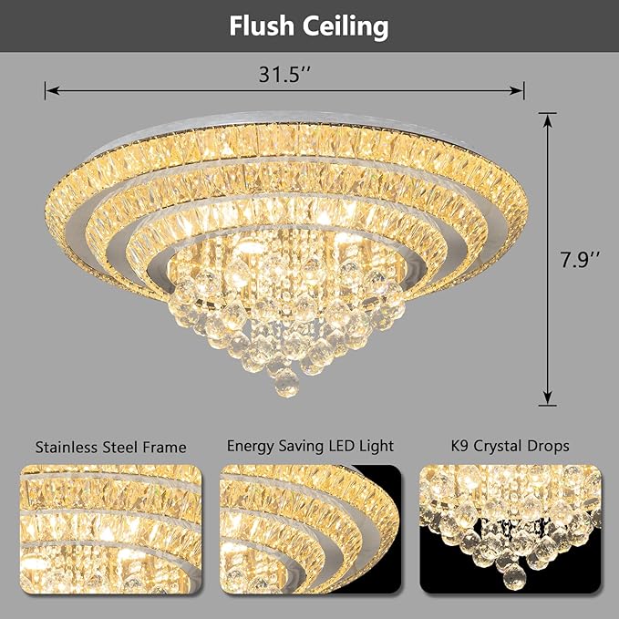 Modern Chandelier Glam Ceiling Light with Bulbs Living Room LED Dimmable Chandelier for Dining Room Bedroom Ceiling Lighting Fixture 32 Inches Silver Light