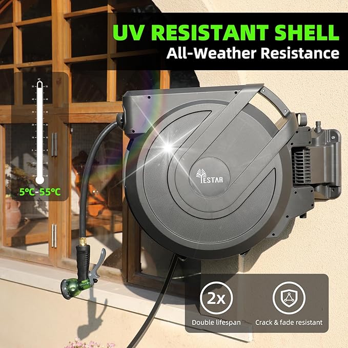 Retractable Garden Hose Reel 1/2" x130 ft, Automatic Hose Reel with 7 Pattern Nozzle, Any Length Lock Wall Mounted &180 Deg Swivel