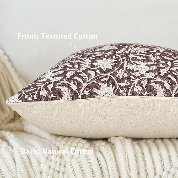 Floral Throw Pillow Covers 18x18 Farmhouse Block Print Pillow Covers Decorative Pillow Covers Couch Pillows for Living Room Vintage Accent Sofa Pillows Set of 2, Burgundy