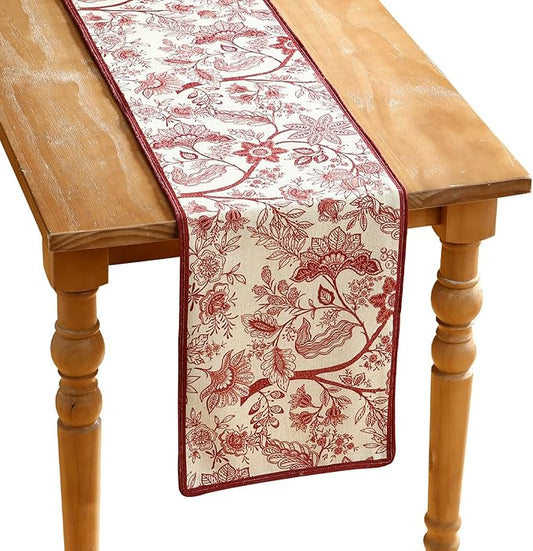 Designer Chinoiserie Elegant Linen Table Runner 87 Inches Long,Red Floral Pattern Decor Table Runners for Thanksgiving,Dining Room,Banquet,Kitchen Tables,Christmas,12"*87"-Ruyi A