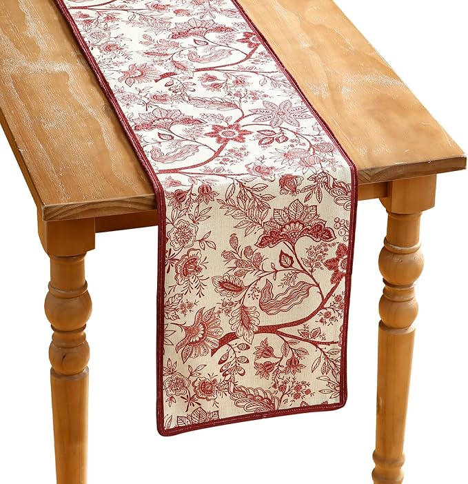 ISAENNE Designer Chinoiserie Elegant Linen Extra Long Table Runner 118 Inches,Red Floral Pattern Decor Table Runners for Thanksgiving,Dining Room,Banquet,Kitchen Tables,Christmas,12"*118"-Ruyi A