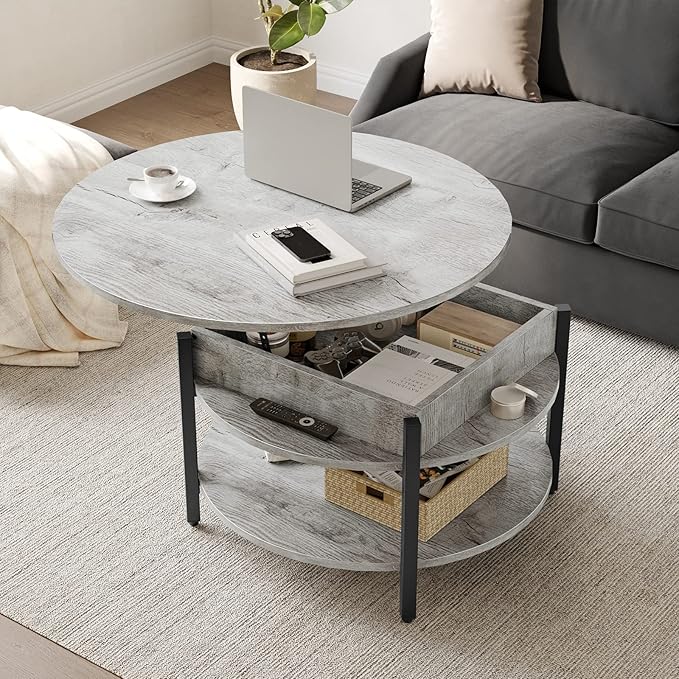 FABATO Round Lift Top Coffee Table, 35.43" Circle Coffee Table with Storage for Living Room Reception Room, Farmhouse 2 Tier Large Round Dining Table, Wood, Gray