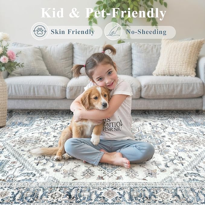 LIVEBOX Washable Area Rug 8x10 - Large Blue Vintage Tribal Living Room Rug Oriental for Bedroom, Non-Slip Retro Medallion Carpet Print Distressed for Dining Room Guest Office