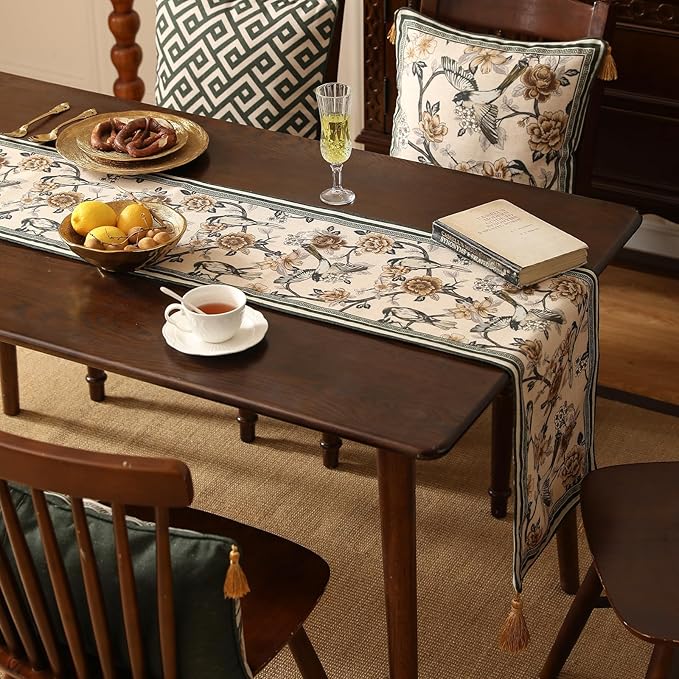 Designer Vintage Beige Linen Table Runner 87 Inches Long,Elegant Floral and Bird Pattern Decor Table Runners for Dining Tables,Thanksgiving,Christmas,Banquet,Party,12"*87"-Murad A