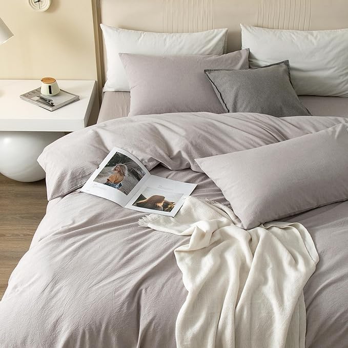 JIYUAN 100% Washed Cotton Duvet Cover Set 3 Pieces Super King, 1 Duvet Cover 108x98 Inches(Comforter Not Included) and 2 Pillowcases,Linen Feel Bedding Set Comfy and Breathable, Heathered Linen