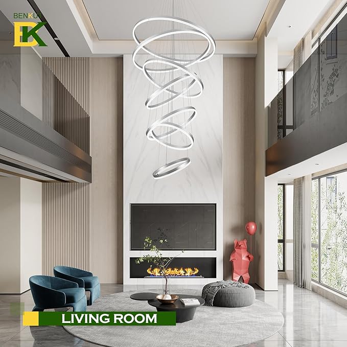7 Rings Modern LED Chandelier Silver Dimmable Large Foyer Chandeliers Entryway High Ceiling for Staircase, High Ceiling Pendant Lights for Entryway Living Room, 3000K-6500K CCT
