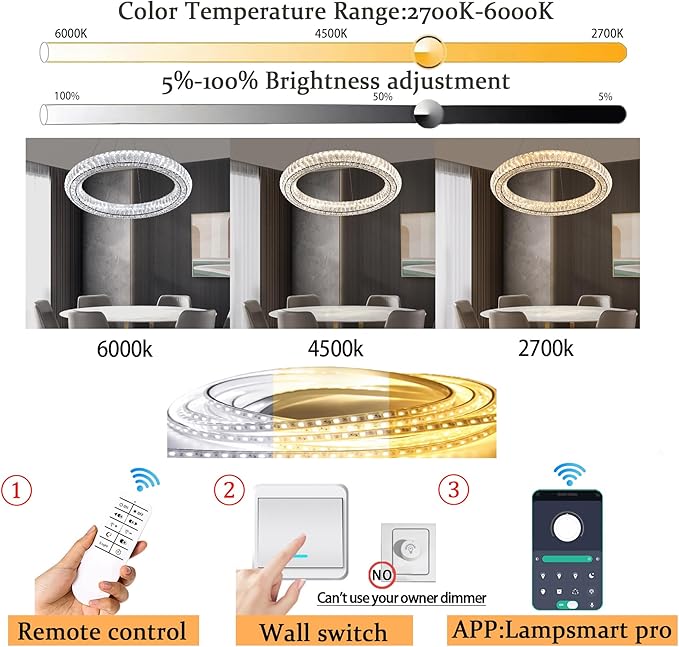 Modern Black Crystal Chandelier Dimmable LED 23.6" Ring Pendant Light Adjustable Round Crystal Chandelier Light Fixtures for Dining Room Living Room