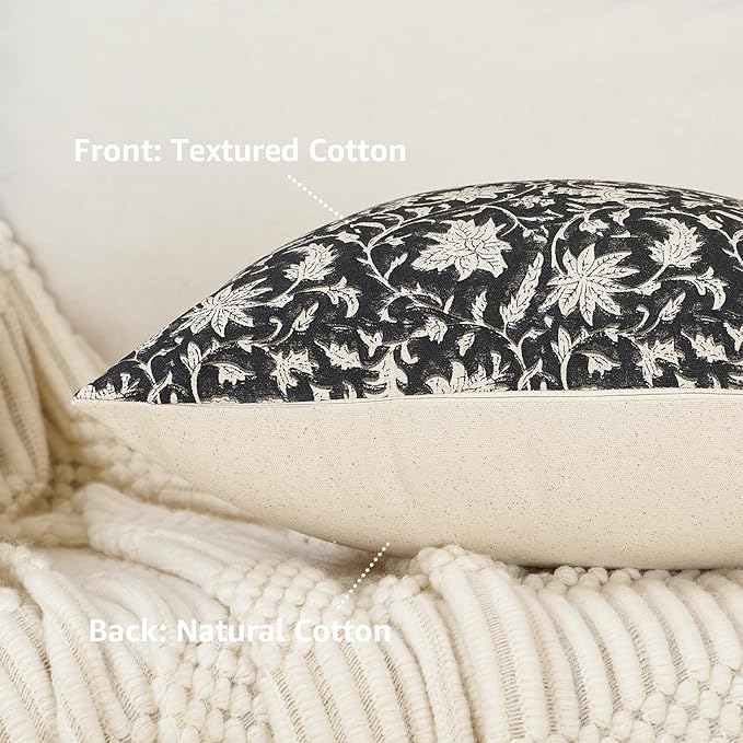 Floral Throw Pillow Covers 20x20 Farmhouse Block Print Pillow Covers Decorative Pillow Covers Couch Pillows for Living Room Vintage Accent Sofa Pillows Set of 2, Black