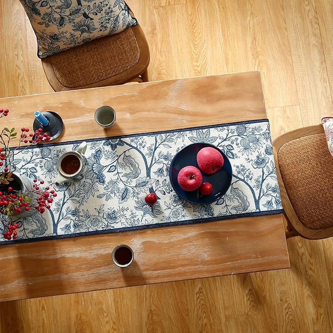 Designer Chinoiserie Elegant Linen Table Runner 87 Inches Long,Blue Floral Pattern Decor Table Runners for Thanksgiving,Dining Room,Banquet,Kitchen Tables,Christmas,12"*87"-Ruyi B
