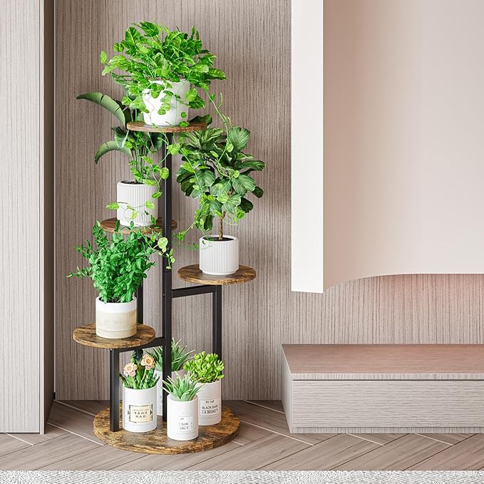 Plant Stand Indoor 5 Tier 8 Potted Multiple Flower Pot Holder for Patio Garden Balcony Living Room Corner (5 Tier Black+Rustic Brown)