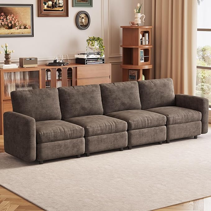 4-Seat Modular Sofa Couch with Ergonomic Cushions, Convertible Sleeper Sectional for Living Room Bedroom Apartment, Brown Cloud Futon Lounge Furniture Set for Small Spaces