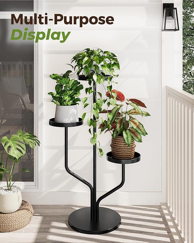 Bamworld Plant Stand Indoor Outdoor 3 Tier Metal Plant Shelf for Multiple Plants Pots Tier Tall Flower Holder for Living Room,Bedroom Decor,Balcony,Black