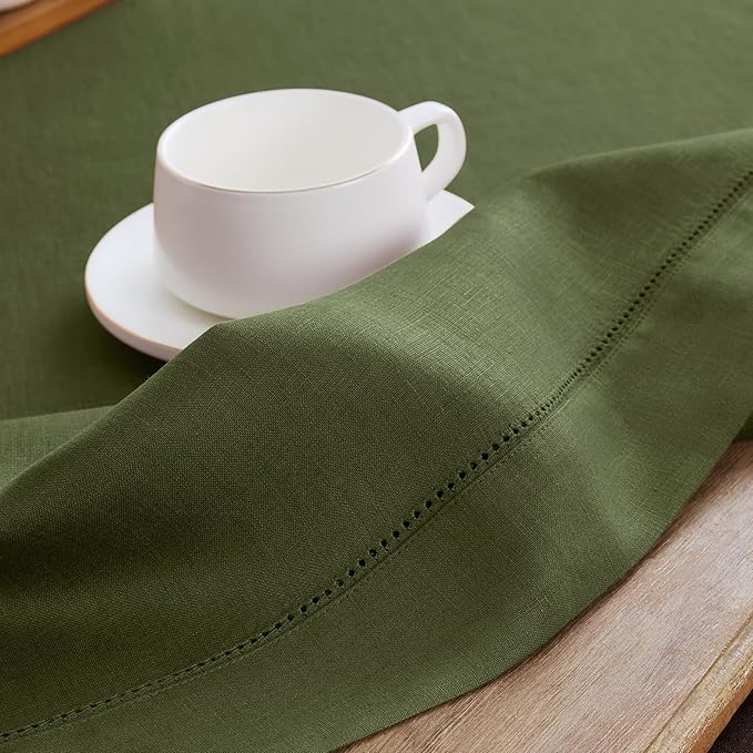Solino Home Linen Olive Table Runner 132 Inches Long - 100% Pure Linen Extra Long Table Runner 14 x 132 Inch for Fall, Autumn, Thanksgiving - Classic Hemstitch