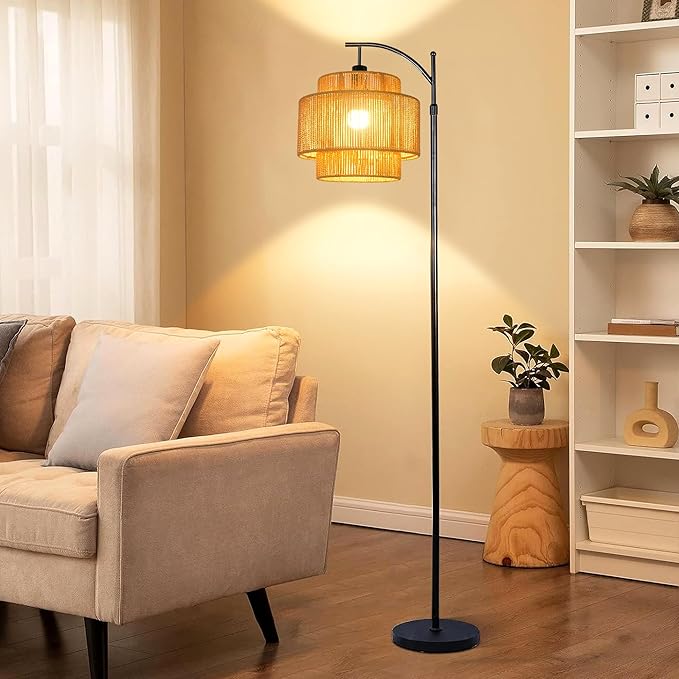 Rattan Floor Lamp for Living Room Bedroom Boho Arc Standing Lamp with Remote Dimmable Black Farmhouse Wicker Bamboo Lamp Shade Floor Light Tall Lamp Industrial Floor Lamps Bohemian Decor