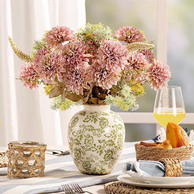 Ceramic Vintage Vase, Green Flower Decorative Vase Chinoiserie Decor Rustic Farmhouse Retro Floral Vases for Table Bookshelf Mantel Kitchen Living Room Office- 7.8inch