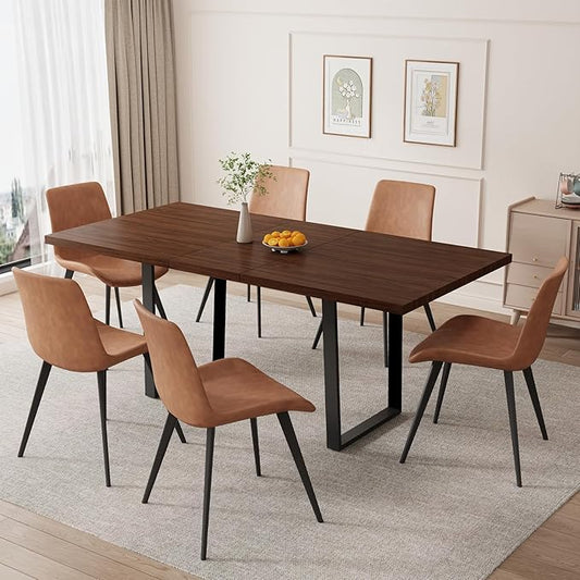 ZckyCine 63"-79" Modern Dining Table Set for 6-8 People Kitchen Dining Room Table Set Extendable Wood Dining Table and 6 Upholstered Chairs, Home Kitchen Furniture
