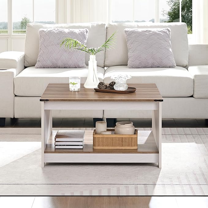 Farmhouse Coffee Table for Living Room, Wood Square Coffee Tables, 31.5" D x 31.5" W, Grey Wash
