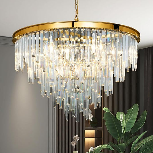 Gold Top K9 Crystal Chandelier Modern Lighting Fixture, 16 Lights Round K9 Crystal Adjustable Hanging Lamp for Dining Room Bedroom Living Room,Hallway,Bar,Kitchen W31''