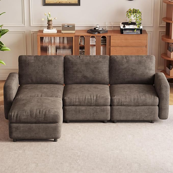 4-Seat Modular Sectional Sofa Couch with Ottoman Storage, Convertible Sleeper Sofas for Living Room Bedroom Apartment, Brown Cloud Futon Lounge Couches Furniture Set
