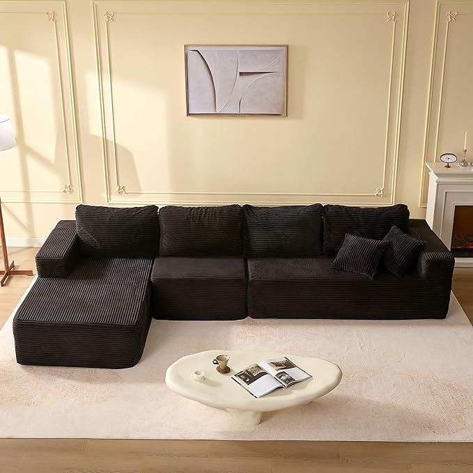 138" Boneless Couch with Deep Seat, Modular Sectional Sofa, Cloud Sectional Couch for Living Room, No Assembly Required, Corduroy, 4 Seater L-Shape Left, Black