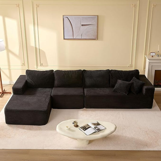 138" Boneless Couch with Deep Seat, Modular Sectional Sofa, Cloud Sectional Couch for Living Room, No Assembly Required, Corduroy, 4 Seater L-Shape Left, Black