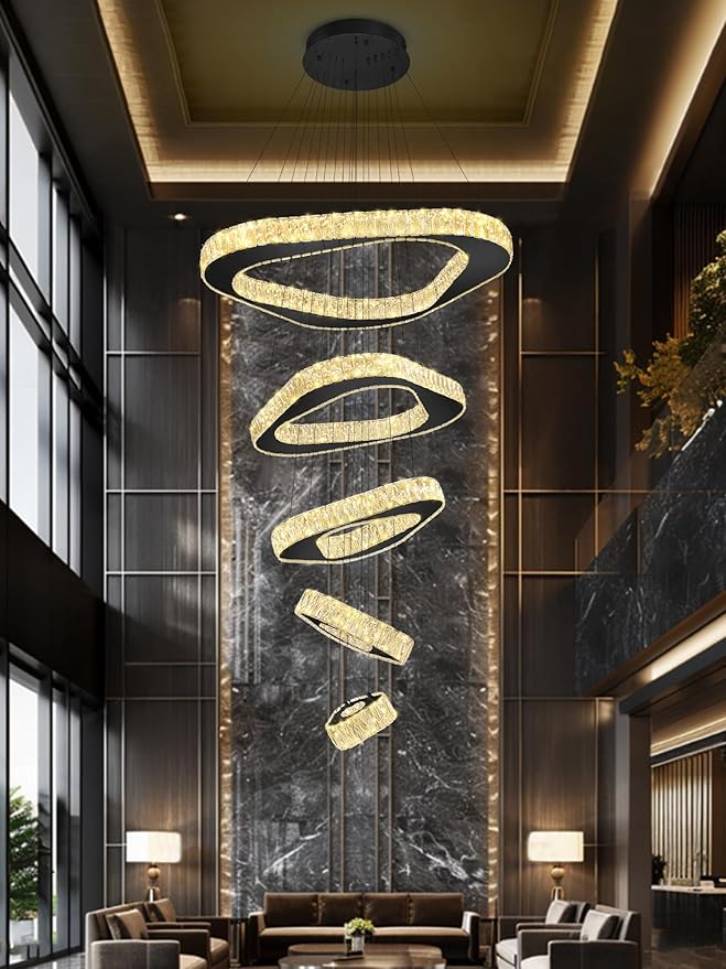 Large Modern Chandelier 5 Ring Chandeliers for High Ceiling Dimmable Black Chandelier High Ceiling Foyer Chandeliers for Living Room Dining Room Staircase
