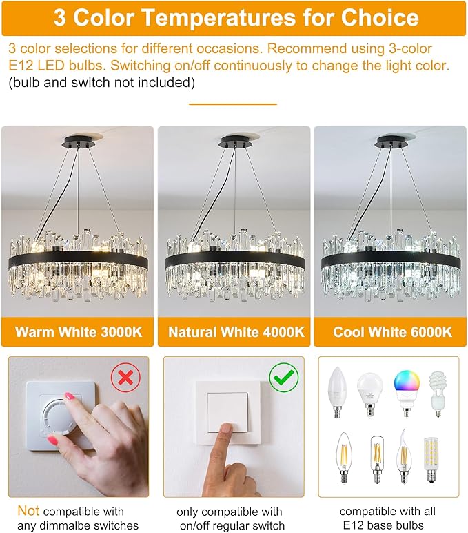 Round Crystal Chandeliers, D23.6 inch 12-Light Black Chandelier Lighting Fixture, Height Adjustable Pendant Ceiling Light for Living Room Dining Room Bedroom