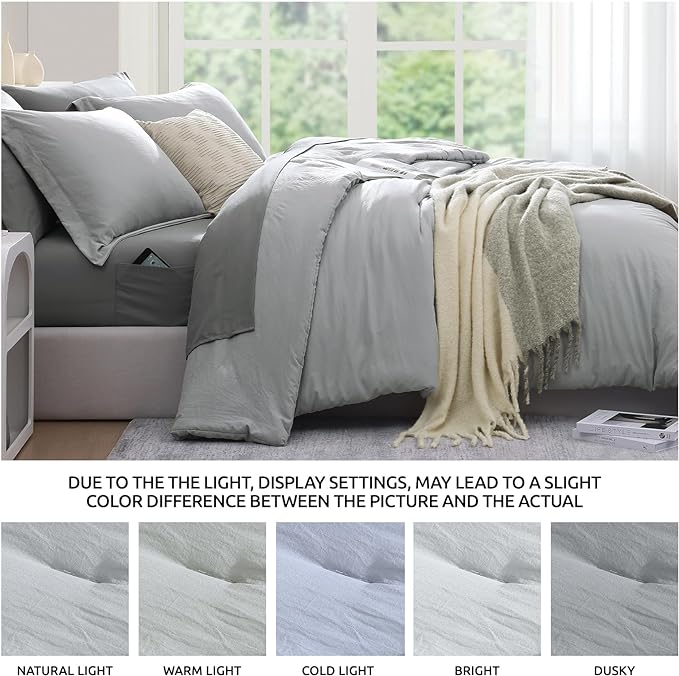 WRENSONGE Queen Comforter Set- 7 Pieces Soft Light Grey Bed in a Bag Queen with Fitted Sheet, Flat Sheet, 2 Pillow Shams, and 2 Pillowcases- Warm Bed Set for All Season