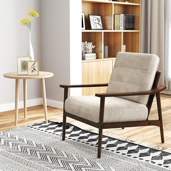 Giantex Mid Century Modern Accent Chair, Max Load 440 LBS Upholstered Living Room Chair with Rubber Wood Armrests & Legs, Removable Back Cushion, Comfy Reading Arm Chair for Living Room, Bedroom