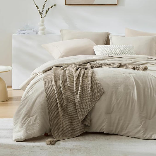 WRENSONGE Twin Comforter Set- 5 Pieces Light Oatmeal Twin Bed in a Bag, All Season Twin XL Bedding Sets with 1 Fitted Sheet, 1 Flat Sheet, 1 Pillow Sham and 1 Pillowcase