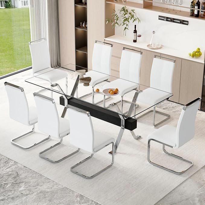 9 Piece Glass Dining Table Set, 79" Modern Dining Table Set for 8, 0.5" Thick Tempered Glass Tabletop with Silver Chrome Metal Legs and Black Crossbar, 8 PU Chairs for Dining Room, Kitchen